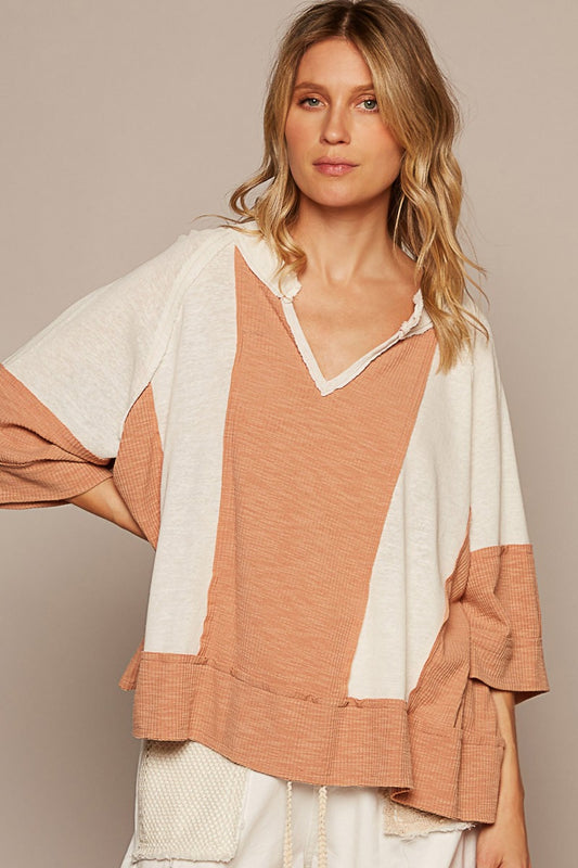 Notched Frayed Edge Contrast Top