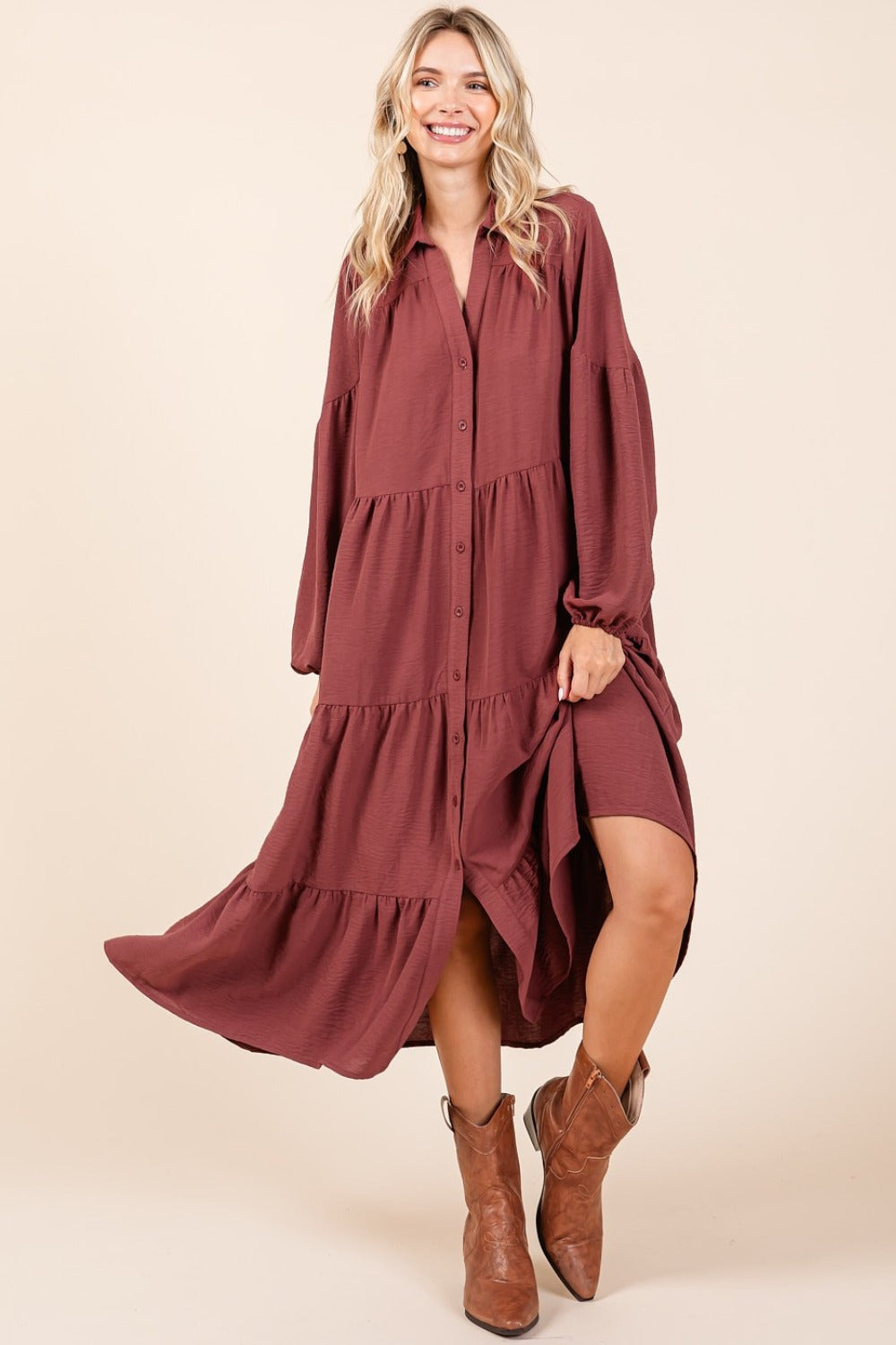 Button Down Long Sleeve Midi Dress