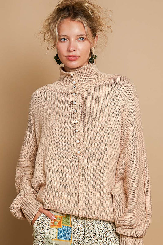 Pearl Detail Turtleneck Long Sleeve Sweater