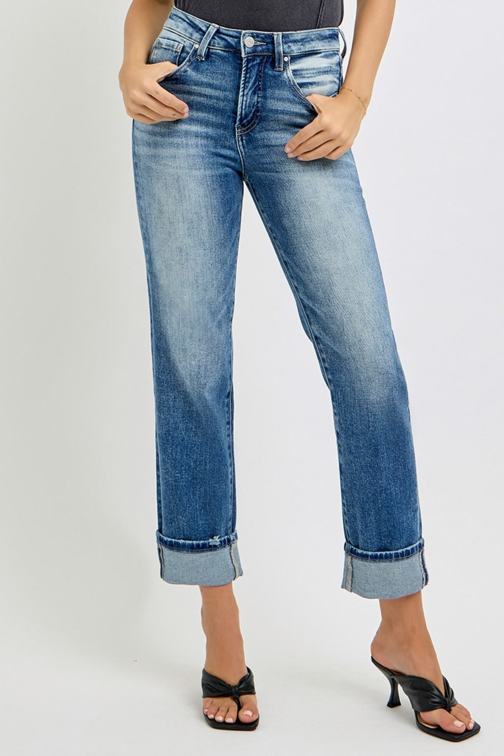 High Rise Crop Straight Roll Up Jeans