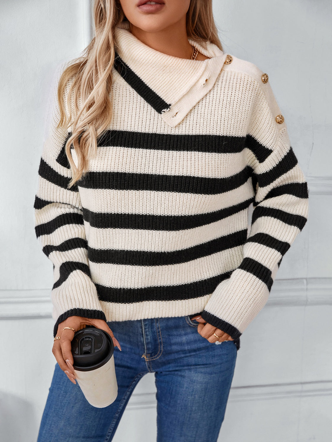 Buttoned Striped Long Sleeve Sweater