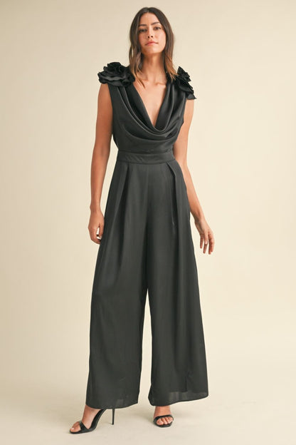 Floral Applique Deep Cowl Neck Jumpsuit