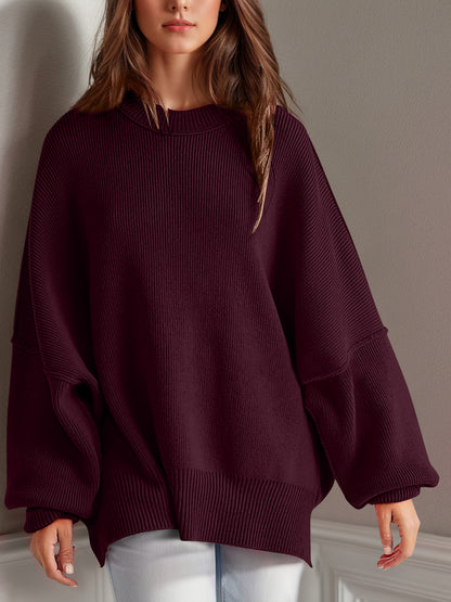 Side Slit Round Neck Long Sleeve Sweater