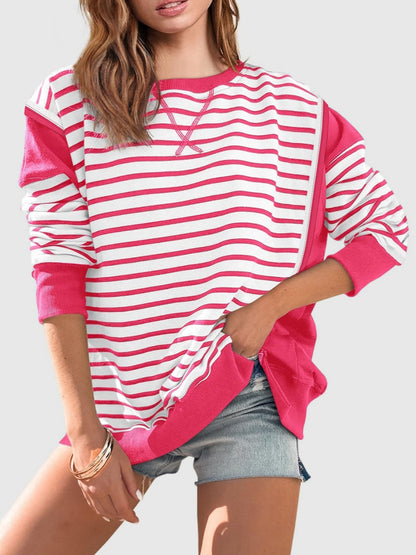 Slit Exposed Seam Striped Long Sleeve Sweatshirt