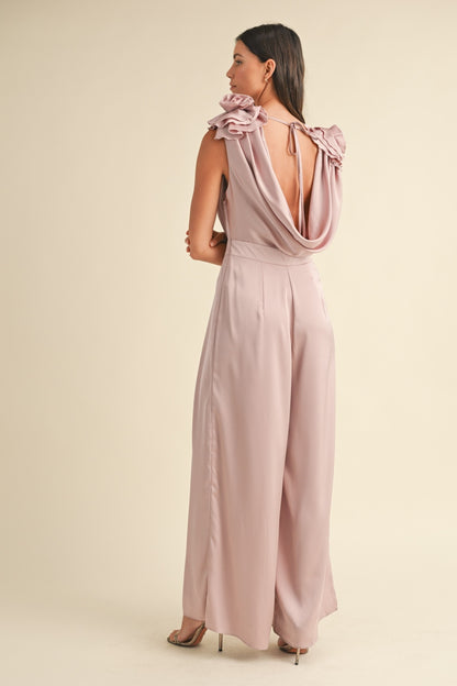 Floral Applique Deep Cowl Neck Jumpsuit