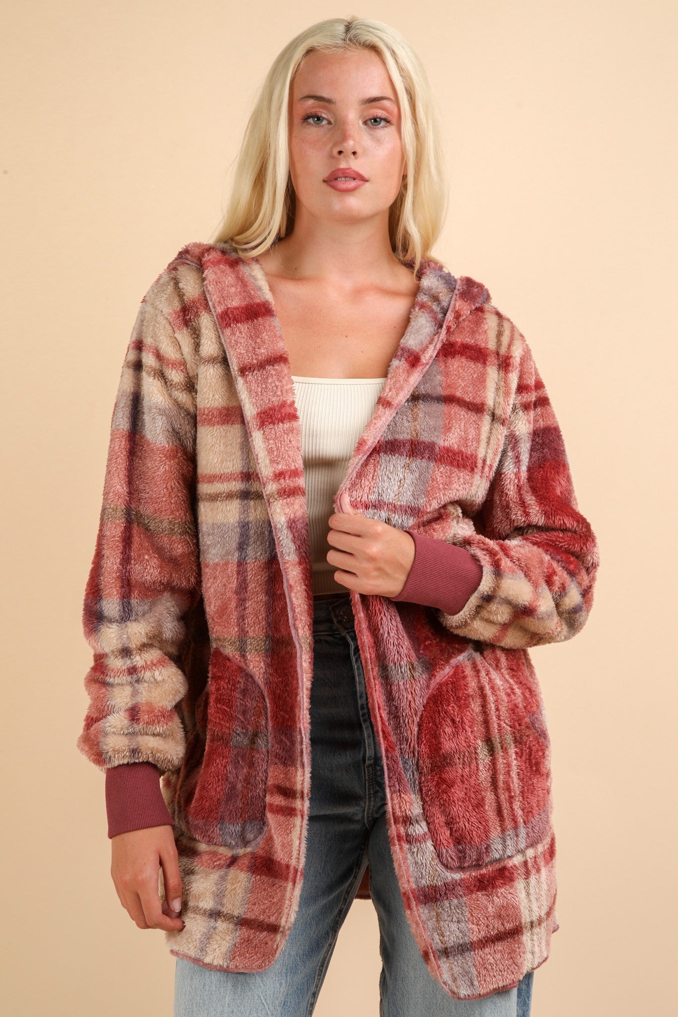 Plaid Long Sleeve Hooded Jacket