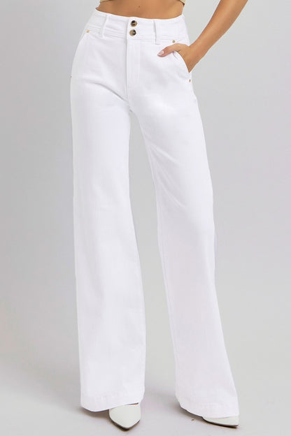 Tummy Control Double Button Wide Leg Jeans