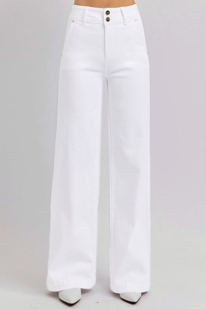 Tummy Control Double Button Wide Leg Jeans