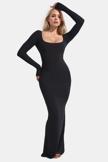 Built-In Shapewear Square Neck Long Sleeve Maxi Dress