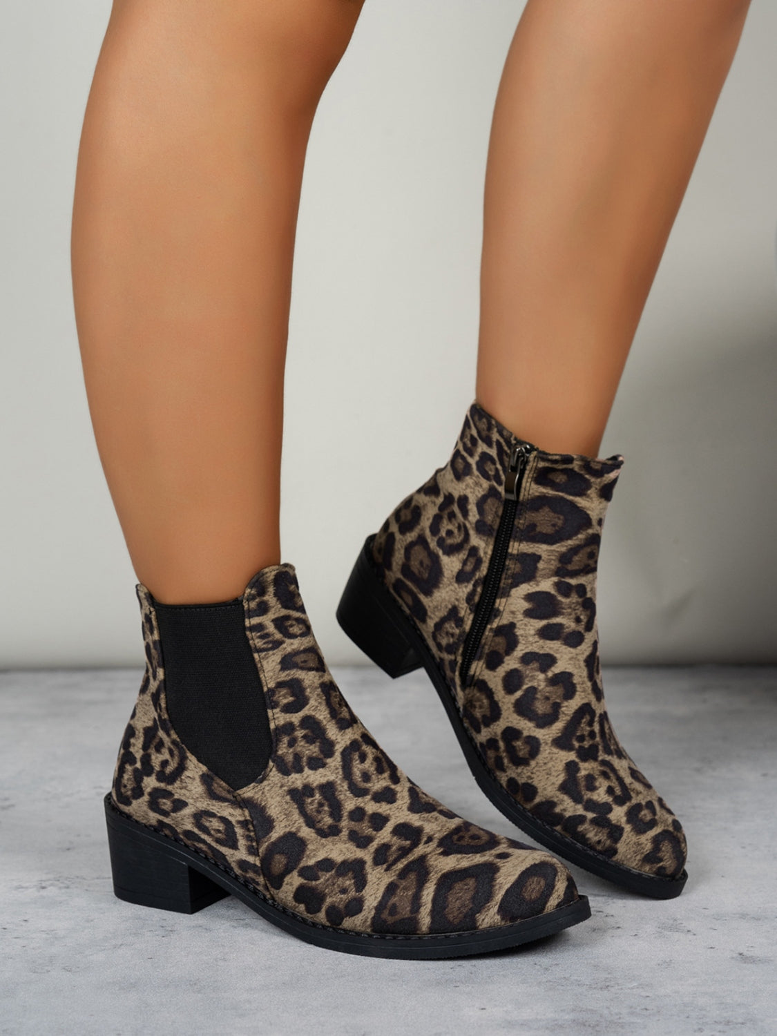 Leopard Point Toe Block Heel Boots