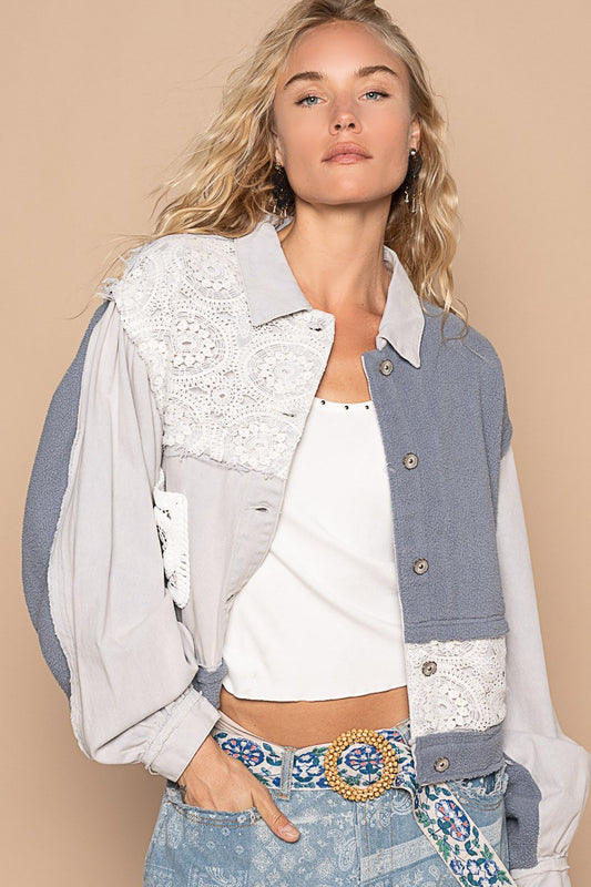 Crochet Patch Exposed Seam Button Up Jacket