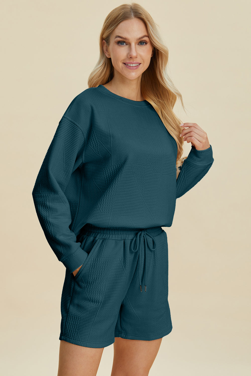 Texture Round Neck Long Sleeve Top and Shorts Set