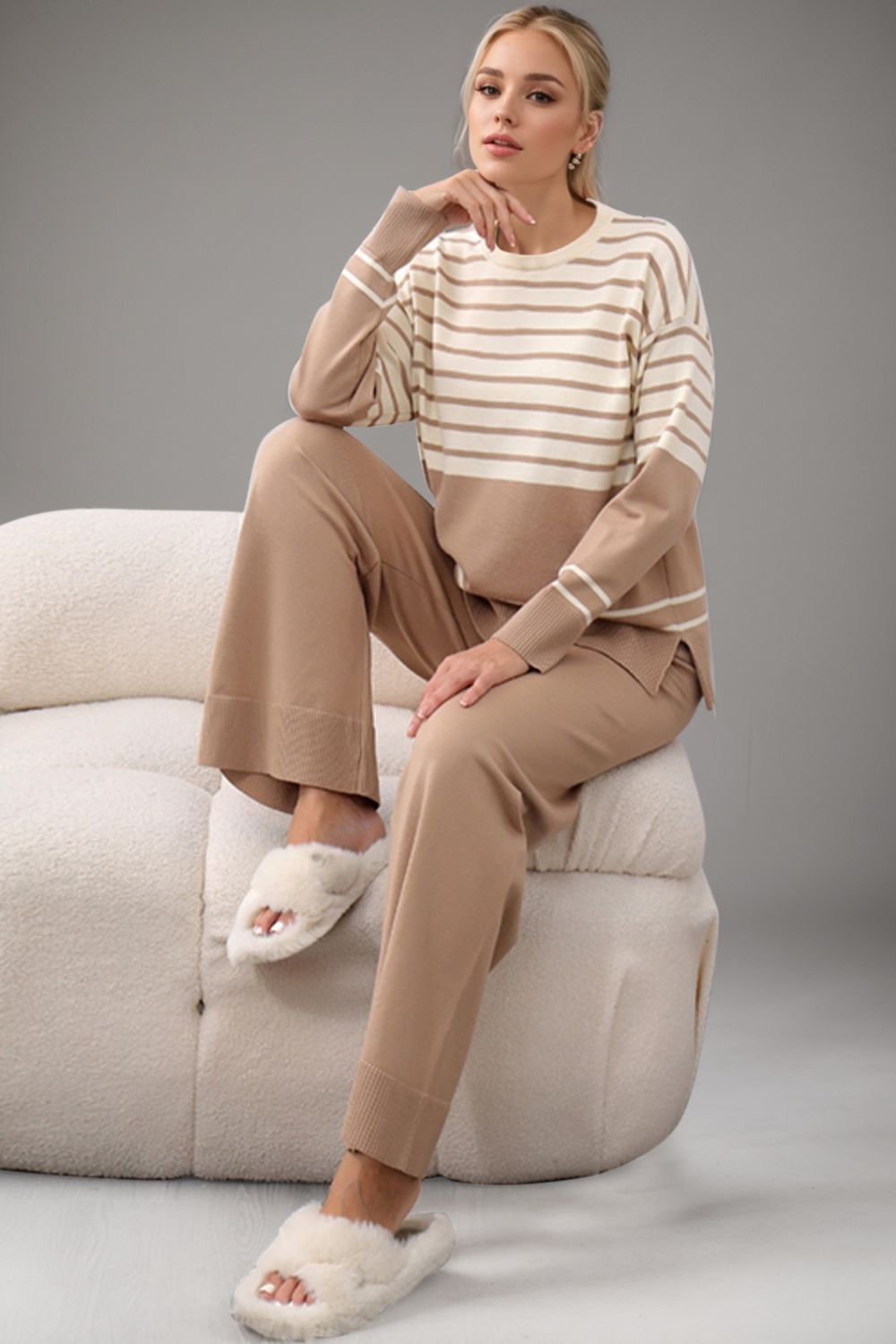 Striped Round Neck Long Sleeve Top and Pants Sweater Set