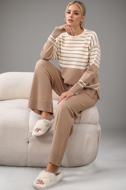 Striped Round Neck Long Sleeve Top and Pants Sweater Set