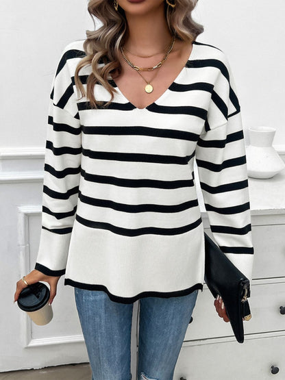 Striped V-Neck Long Sleeve Knit Top