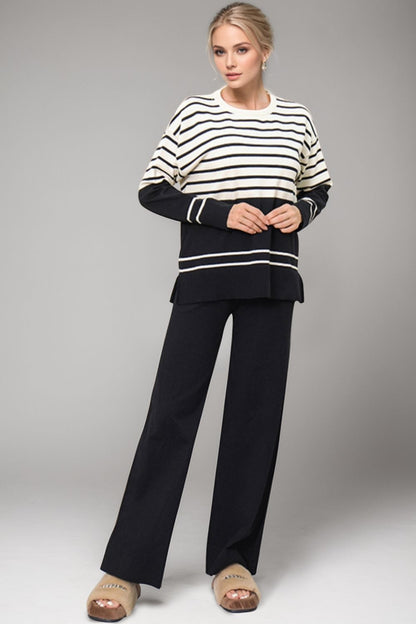 Striped Round Neck Long Sleeve Top and Pants Sweater Set