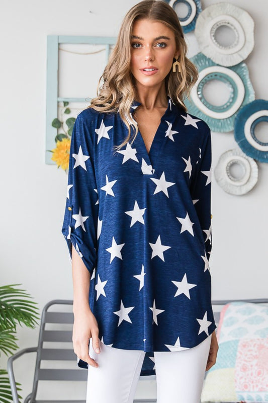 Full Size Roll-Tab Sleeve Star Print Top