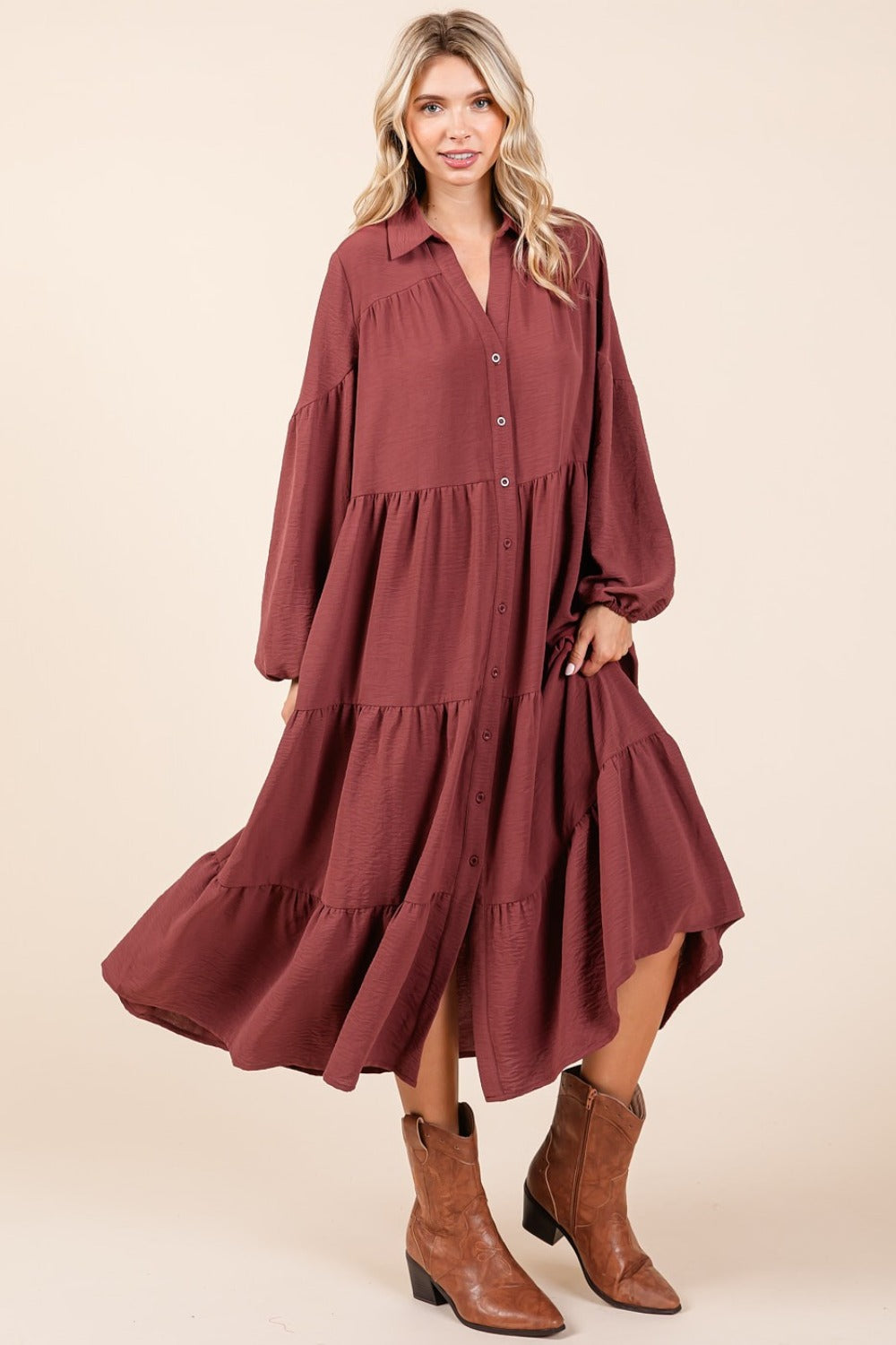 Button Down Long Sleeve Midi Dress