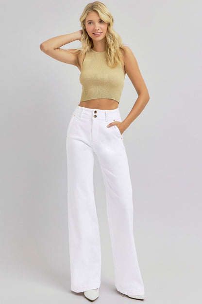 Tummy Control Double Button Wide Leg Jeans