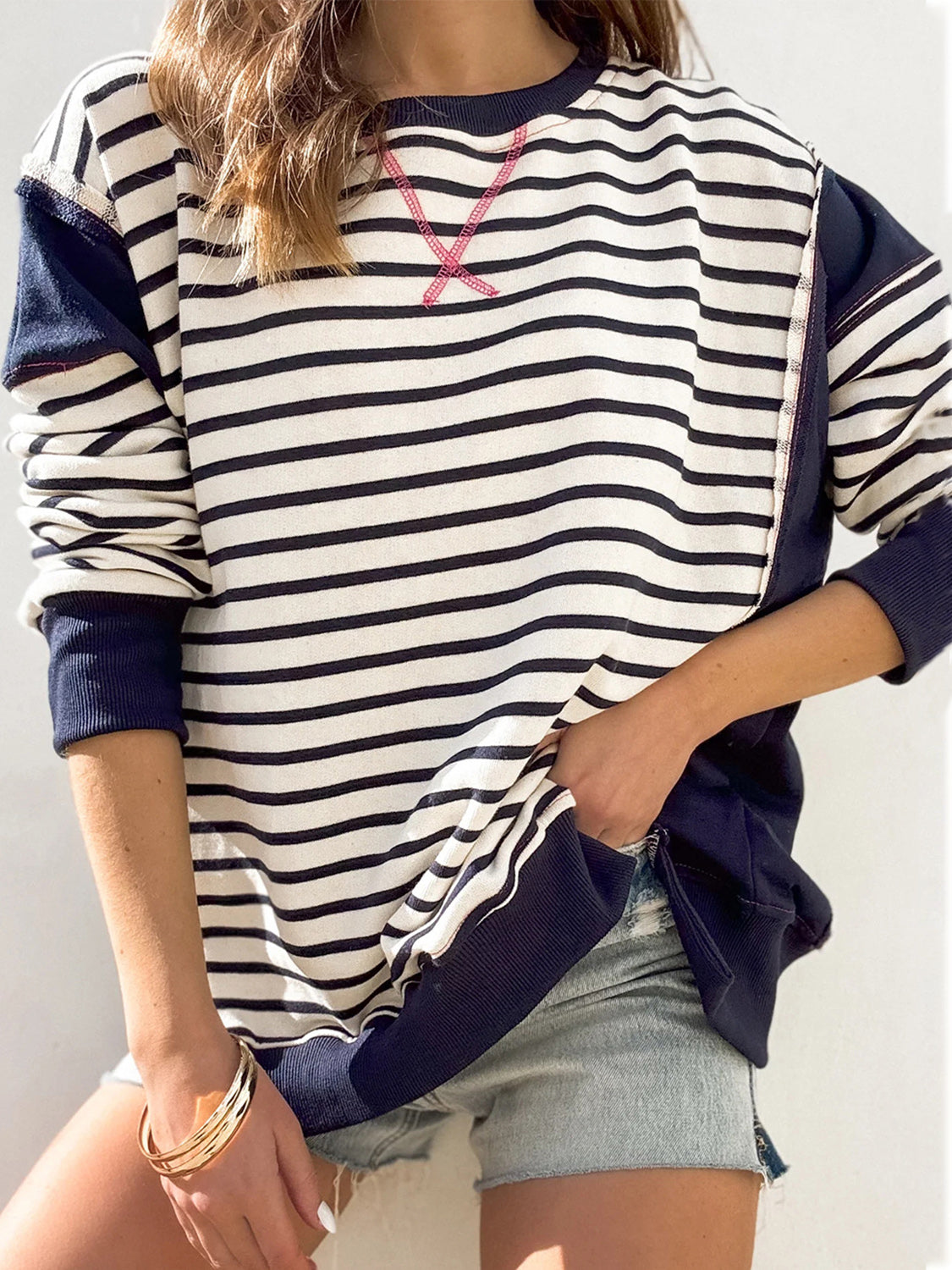 Slit Exposed Seam Striped Long Sleeve Sweatshirt