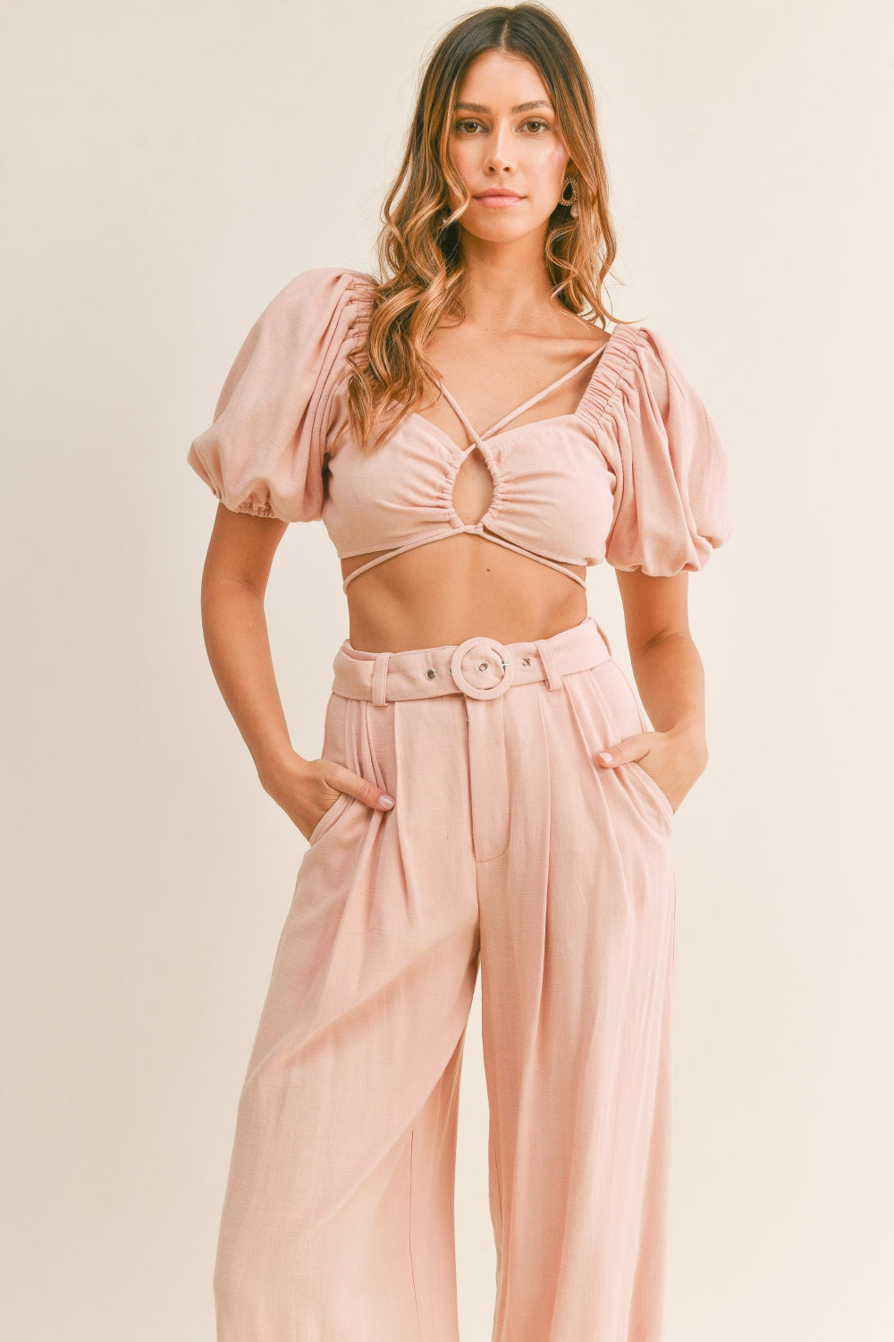 Drawstring Crop Top and Belted Pants Set