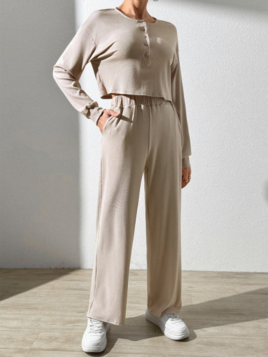 Button Long Sleeve Top and Pants Set