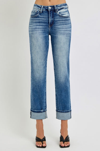 High Rise Crop Straight Roll Up Jeans