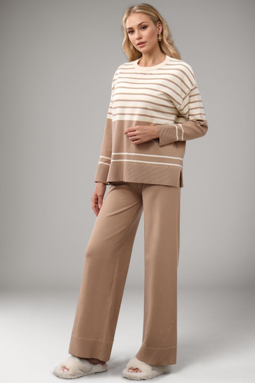 Striped Round Neck Long Sleeve Top and Pants Sweater Set