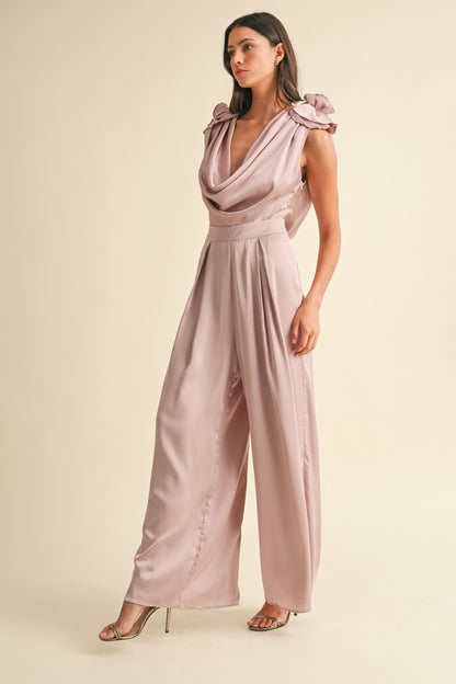 Floral Applique Deep Cowl Neck Jumpsuit