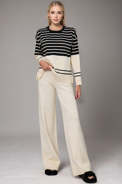 Striped Round Neck Long Sleeve Top and Pants Sweater Set