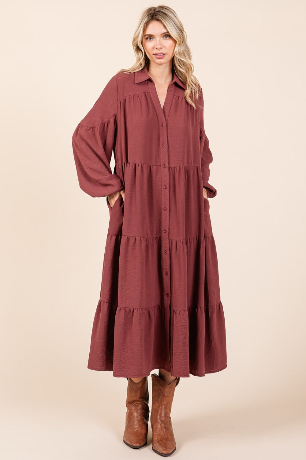 Button Down Long Sleeve Midi Dress