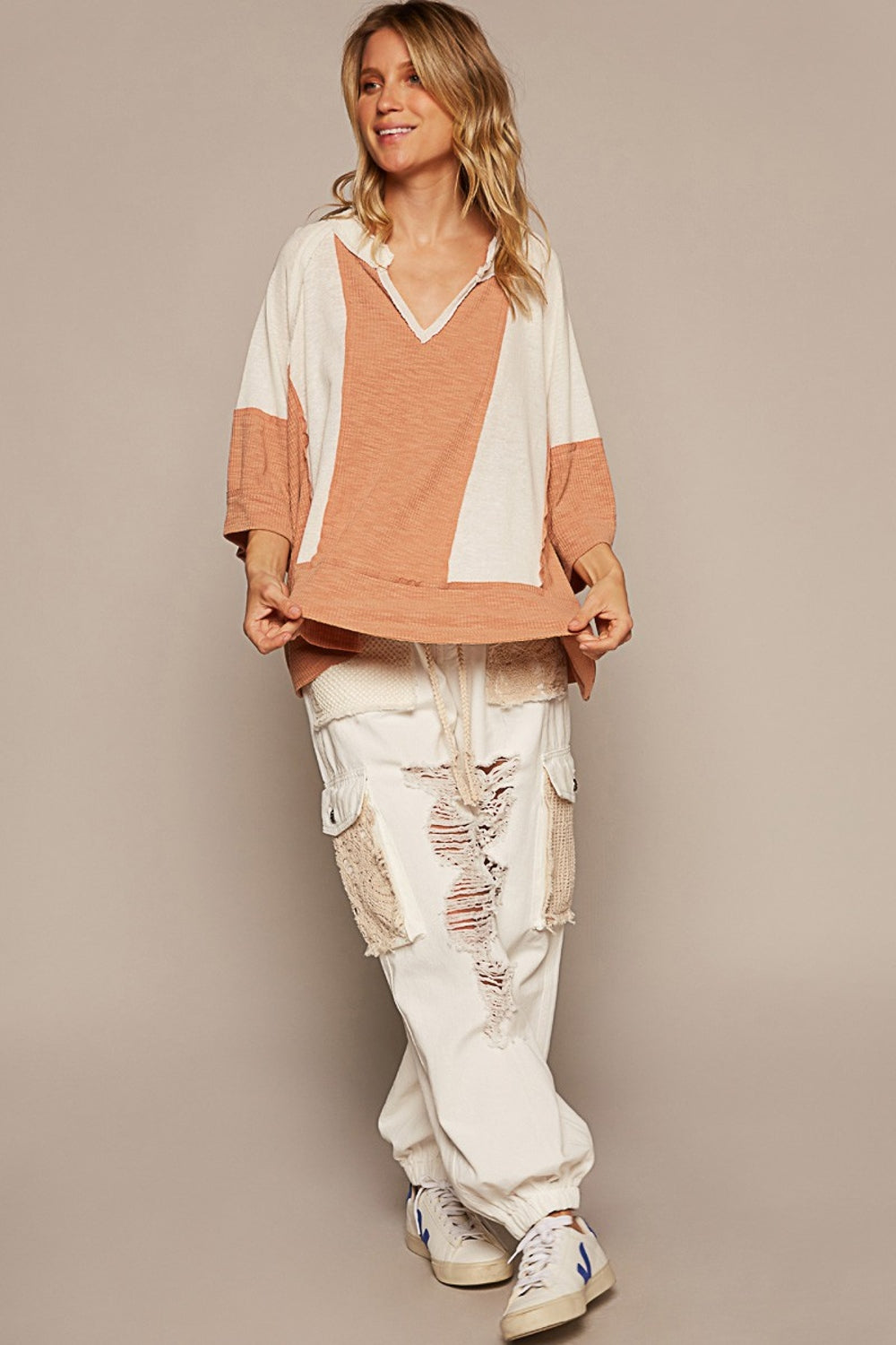 Notched Frayed Edge Contrast Top