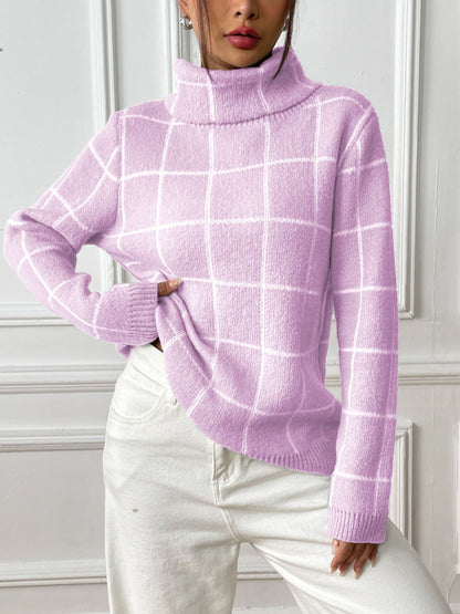 Plaid Turtleneck Long Sleeve Sweater